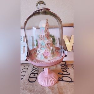 Pink Gingerbread house cloche on pedestal